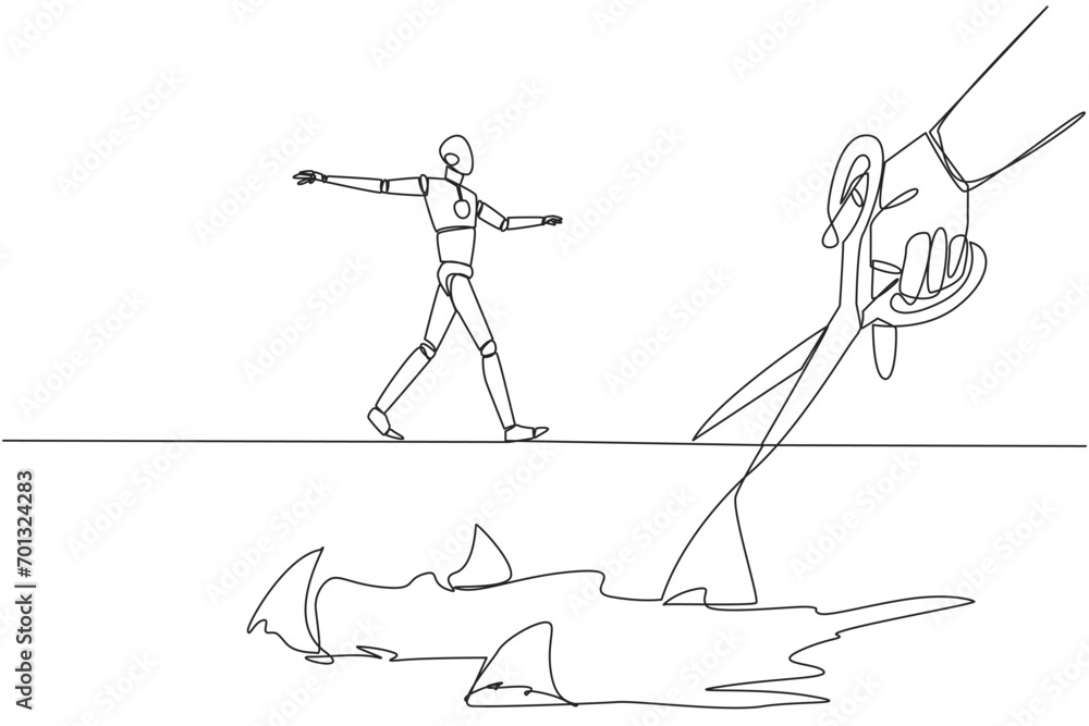 Single one line drawing the smart robot walking across on tightrope. A metaphor pursuing a career. Ruined by traitors. Fake friend. Business sabotaged. Continuous line design graphic illustration Single one line drawing the smart robot walking across on tightrope. A metaphor pursuing a career. Ruined by traitors. Fake friend. Business sabotaged. Continuous line design graphic illustration