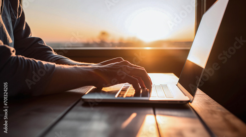 person working on laptop, home office, working from home, early morning 