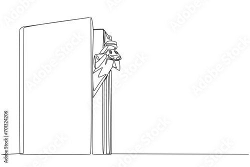 Single one line drawing Arab businessman appears out of old book looking for something with binoculars. Save history carefully for a better business life. Continuous line design graphic illustration