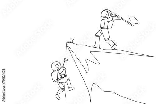 Single continuous line drawing the young astronaut climbs cliff with rope. Almost successful. Rudely dropped by a business friend. Fake partner. The worst teamwork. One line design vector illustration