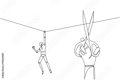 Continuous one line drawing the robot hanging from rope. A big hand that want to cut the rope. Maintaining a nearly useless business. Thwarted by traitors. Single line draw design vector illustration