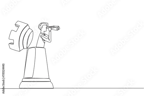 Single continuous line drawing businessman emerges from the rook chess piece looking for something through binoculars. Starting new challenge. Search new strategy. One line design vector illustration