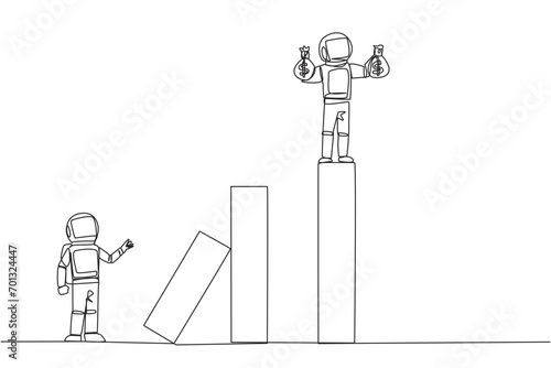 Continuous one line drawing the astronaut standing on the bar lifting money bag. Fake partner. The envy friend. Sabotage happiness. The traitor on office. Single line draw design vector illustration