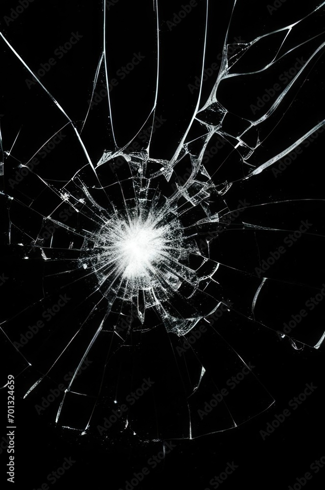 Photo of broken glass on a black background, cracks. - obrazy, fototapety, plakaty 
