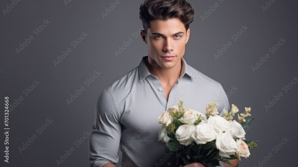 Handsome man holding the bouquet of flowers for gift for valentines or birthday celebration. Smiling male in white shirt holding flowers isolated on the grey background. Handsome man holding the bouquet of flowers for gift for valentines or birthday celebration. Smiling male in white shirt holding flowers isolated on the grey background.