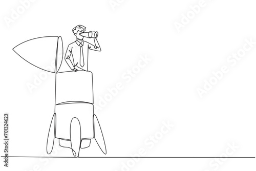 Continuous one line drawing businessman emerges from the rocket looking for something through binoculars. Technical preparation to expand business reach. Single line draw design vector illustration