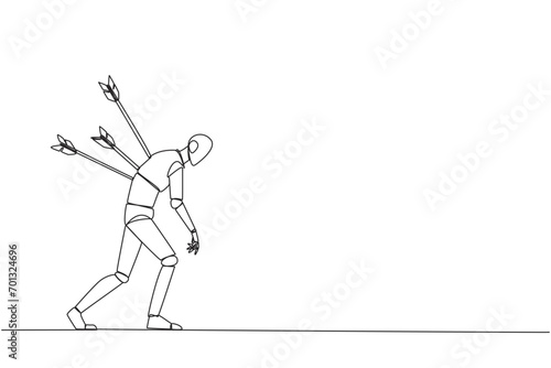 Single one line drawing smart robot standing and several arrows stuck in the back. Attacked from behind. Destroyed and helpless. Fake partner. Traitor. Continuous line design graphic illustration