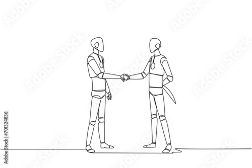 Single one line drawing two smart robots shaking hands. One of them holding a knife behind the back. Getting ready to stab. Must win at all costs. Traitor. Continuous line design graphic illustration