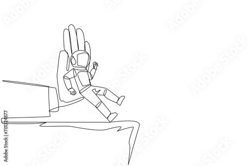 Single one line drawing astronaut standing on the edge of a cliff. Something big wants to bring down the business. Invisible enemy. Bring down competitor. Continuous line design graphic illustration