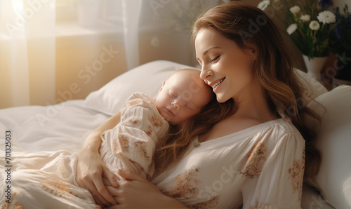Beautiful young mom and her cute baby in bed