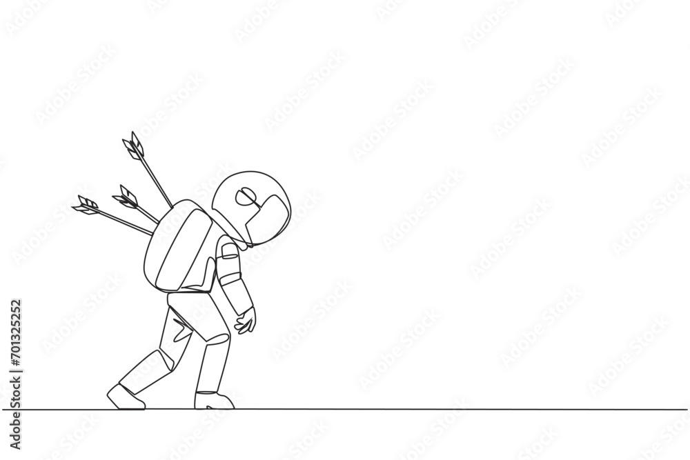 Fototapeta premium Single one line drawing the astronaut standing and several arrows stuck in the back. Attacked from behind. Destroyed and helpless. Fake partner. Traitor. Continuous line design graphic illustration
