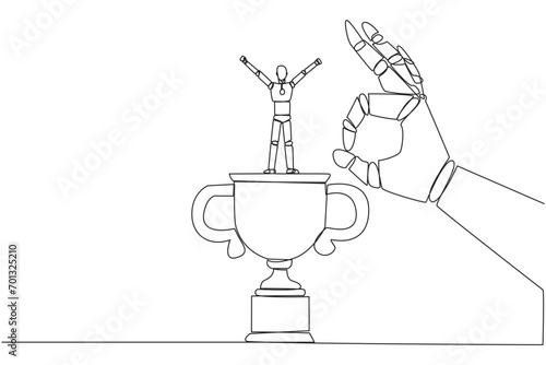 Single continuous line drawing the smart robot standing on big trophy. Celebrating the success of business. Got fraudulent business opponents. Falling helpless. One line design vector illustration