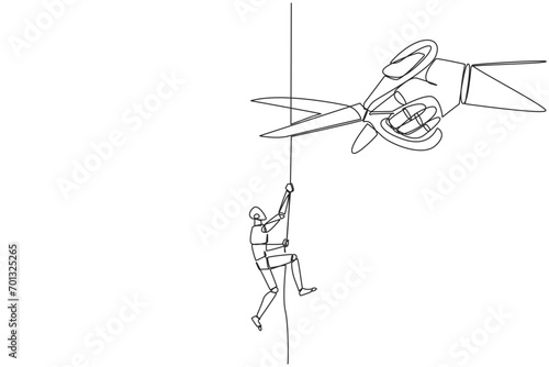 Continuous one line drawing the robot climbing rope. Metaphor of struggling to advance business. Business failed to develop. Sabotaged by business friends. Single line draw design vector illustration