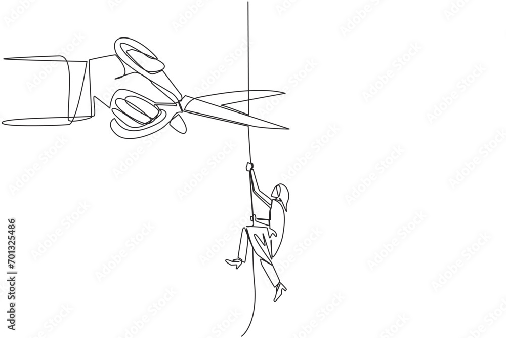 Continuous one line drawing Arab businesswoman climbs rope. Metaphor of struggling to advance business. Business failed to develop. Sabotaged by colleague. Single line draw design vector illustration