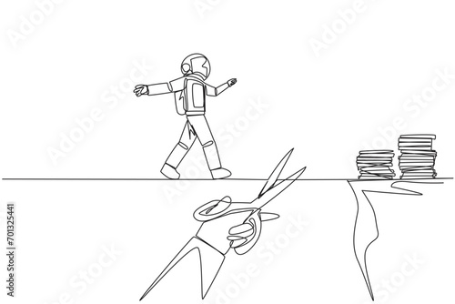 Continuous one line drawing the astronaut walking on tightrope from one cliff to another. Failed to move to much better place. Cheated by business friend. Single line draw design vector illustration