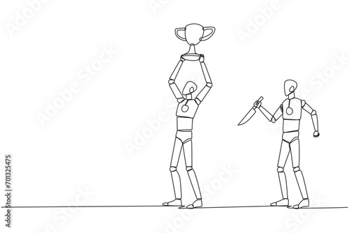 Single continuous line drawing the smart robot standing lifting trophy. Business friends prepare to stab in the back. Unhealthy business competition. The traitor. One line design vector illustration