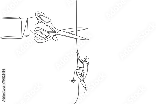 Continuous one line drawing Arab businesswoman climbs rope. Metaphor of struggling to advance business. Business failed to develop. Sabotaged by colleague. Single line draw design vector illustration