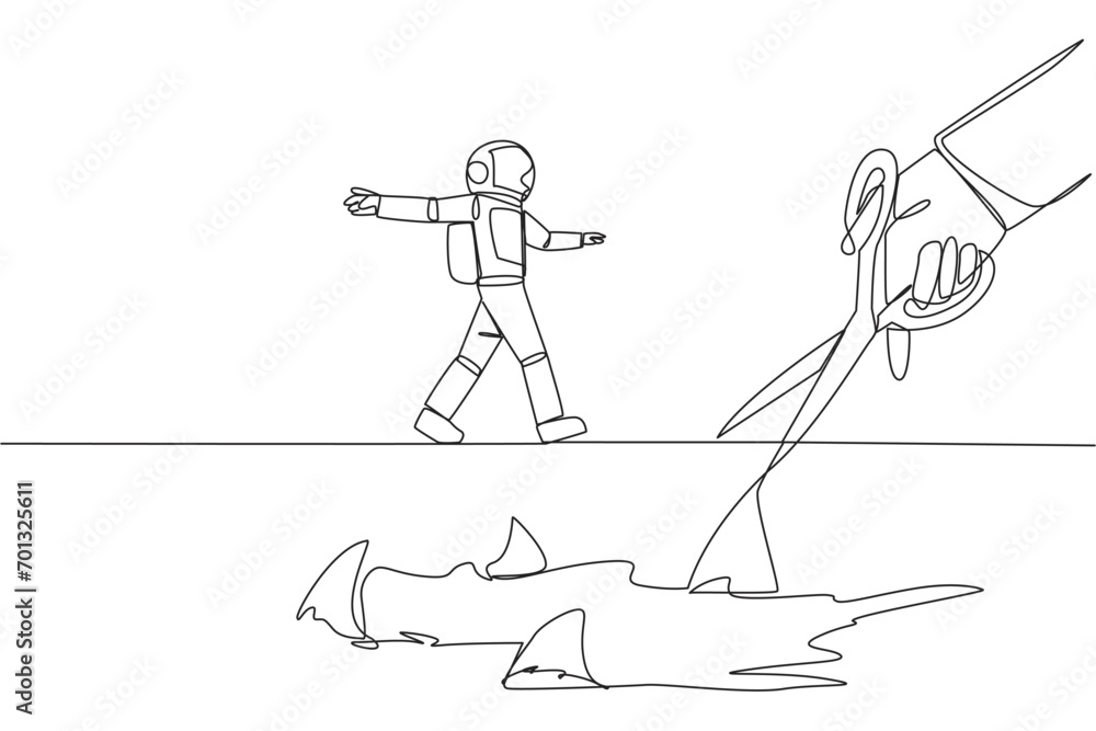 Continuous one line drawing the astronaut walking across on tightrope. A metaphor pursuing a career. Ruined by traitors. Fake friend. Business sabotaged. Single line draw design vector illustration Continuous one line drawing the astronaut walking across on tightrope. A metaphor pursuing a career. Ruined by traitors. Fake friend. Business sabotaged. Single line draw design vector illustration