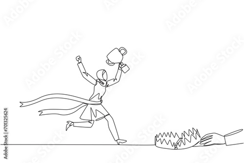 Single one line drawing Arab businesswoman running with trophy. Dangerous business trap. Trap that really brings down business. Fake friend. Traitor. Rival. Continuous line design graphic illustration