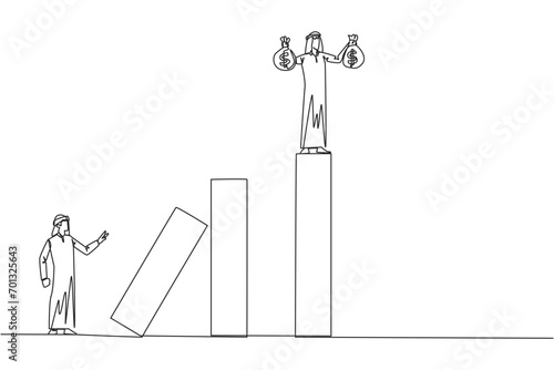 Single one line drawing Arabian businessman standing on the bar lifting money bag. Fake partner. The envy friend. Sabotage happiness. The traitor on office. Continuous line design graphic illustration