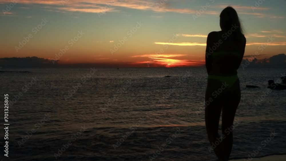 Silhouette of a slender girl on the seashore with waves against the backdrop of a beautiful sunset. High quality 4k footage Silhouette of a slender girl on the seashore with waves against the backdrop of a beautiful sunset. High quality 4k footage