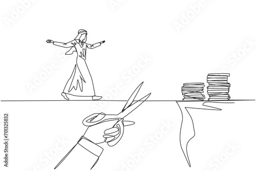 Continuous one line drawing Arabian businessman walking on tightrope from one cliff to another. Failed to move to much better place. Cheated by colleague. Single line draw design vector illustration