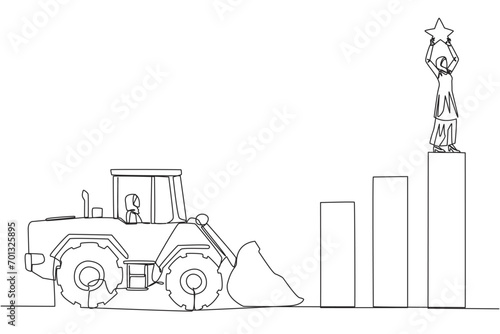 Single continuous line drawing Arab businesswoman standing on highest bar raising a star. Bulldozer ready to destroy the happiness. Betrayal. Fake friends. Traitor. One line design vector illustration