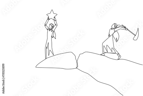 Continuous one line drawing Arab businessman standing on edge of cliff holding up a star. Hypocrite partner want to destroy the achievement. The traitor. Single line draw design vector illustration