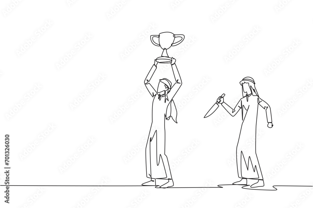 Single one line drawing Arab businessman standing lifting trophy. Business friends prepare to stab in the back. Unhealthy business competition. The traitor. Continuous line design graphic illustration