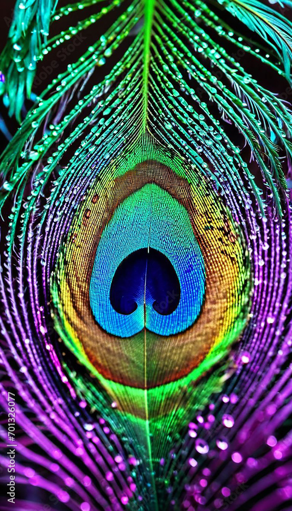 Naklejka premium Water drop pattern on the surface of colorful peacock feather