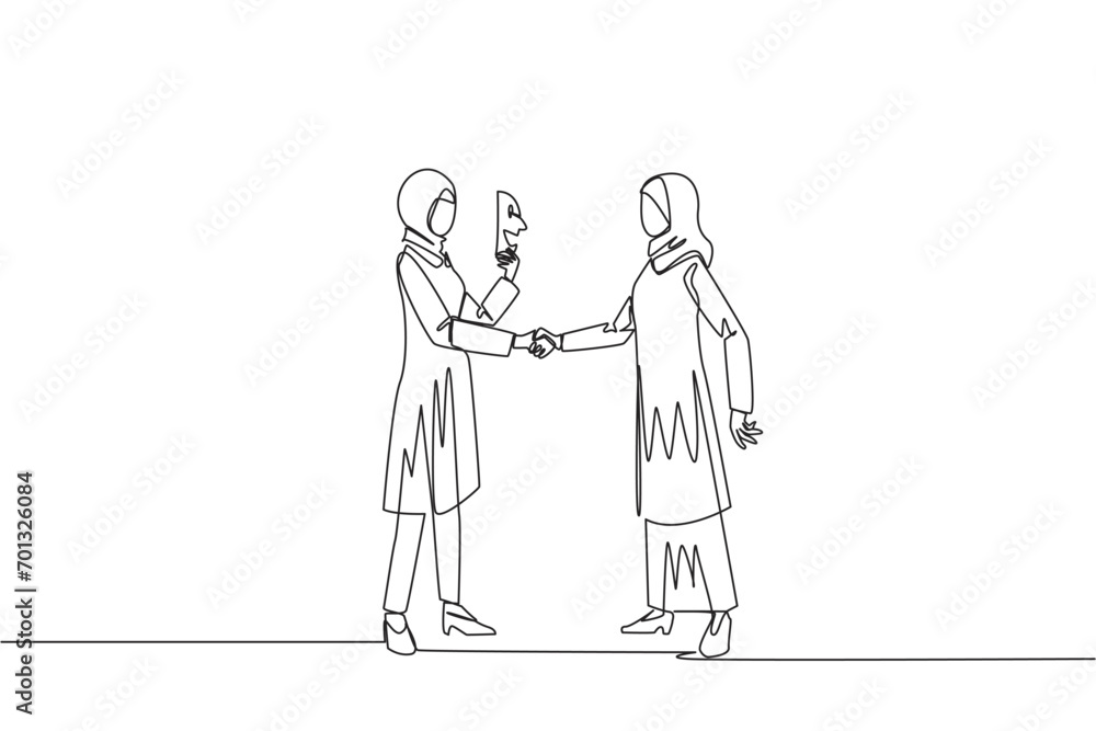 Continuous one line drawing two Arabian businesswomen shaking hands. One of them has two faces. Full of falsehood. Fake friend. Worst teamwork. Betrayal. Single line draw design vector illustration Continuous one line drawing two Arabian businesswomen shaking hands. One of them has two faces. Full of falsehood. Fake friend. Worst teamwork. Betrayal. Single line draw design vector illustration