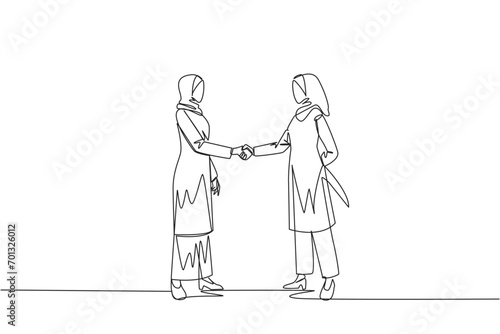 Single one line drawing two Arab businesswomen shaking hands. One of them holds knife behind back. Getting ready to stab. Must win at all costs. Traitor. Continuous line design graphic illustration