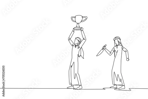 Single one line drawing Arab businessman standing lifting trophy. Business friends prepare to stab in the back. Unhealthy business competition. The traitor. Continuous line design graphic illustration