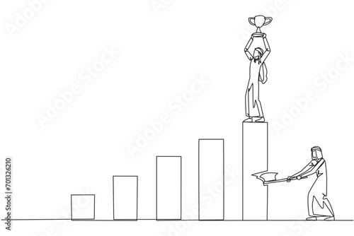 Single continuous line drawing Arab businessman achieves highest honors. The hypocrite who doesn't like business partner's happiness. Thorn in the flesh. Traitor. One line design vector illustration