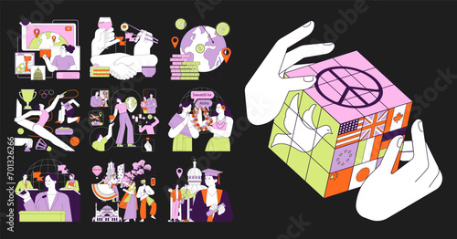 Soft power dark or night set. Global connectivity and cultural exchange. International communication. Different countries cooperation, peace and unity. Flat vector illustration