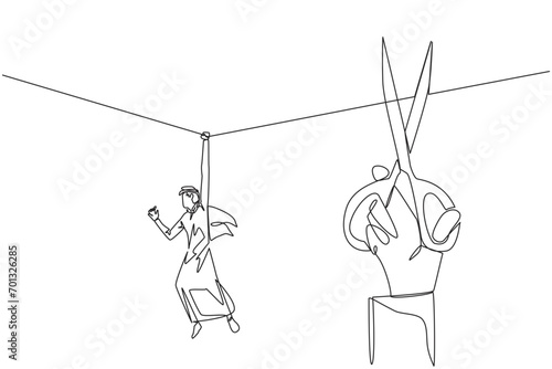 Continuous one line drawing Arab businessman hanging from rope. Big hand want to cut the rope. Maintaining a nearly useless business. Thwarted by traitors. Single line draw design vector illustration