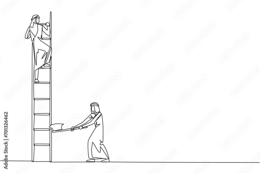 Single continuous line drawing Arab businessman climbs ladder to achieve the expected reward. Destroyed silently. Business failed to develop. Destroyed by traitors. One line design vector illustration Single continuous line drawing Arab businessman climbs ladder to achieve the expected reward. Destroyed silently. Business failed to develop. Destroyed by traitors. One line design vector illustration