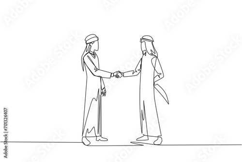 Continuous one line drawing two Arab businessmen shaking hands. One of them holds knife behind back. Getting ready to stab. Must win at all costs. Traitor. Single line draw design vector illustration