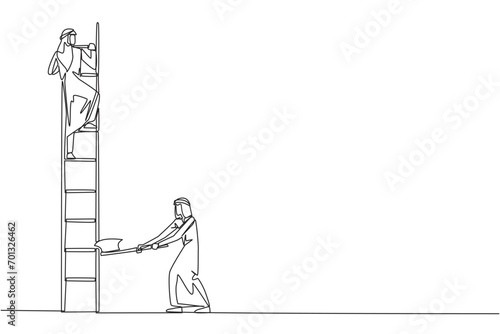 Single continuous line drawing Arab businessman climbs ladder to achieve the expected reward. Destroyed silently. Business failed to develop. Destroyed by traitors. One line design vector illustration
