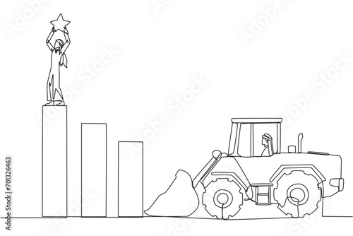Single one line drawing Arab businessman standing on highest bar raising a star. Bulldozer ready to destroy the happiness. Betrayal. Fake friends. Traitor. Continuous line design graphic illustration