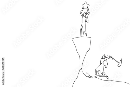 Single continuous line drawing Arab businessman standing on a cliff lifting a star. Envious friend, eating away at success from inside to fall down. The traitor. One line design vector illustration