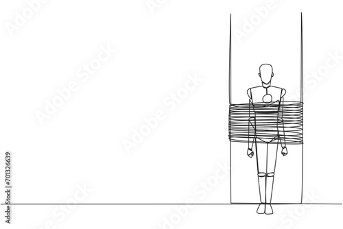 Continuous one line drawing the robot stands, its body tied to a large column. Technical error in providing code. Expressing great anger. Detained. Tech. Single line draw design vector illustration photo