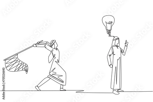 Single one line drawing Arabian businessman with an idea. A brilliant idea that will be stolen by a business partner. Cheating. Business betrayal. Fake. Continuous line design graphic illustration