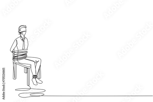 Single one line drawing businessman sat down, body and legs tied to chair. Piling up debts. Frozen accounts and assets. Losses when doing business. Hostage. Continuous line design graphic illustration