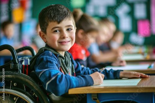 Cheerful little boy sitting in a wheelchair in class with his classmates to learn new lession,
