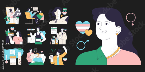 Gender transition process set. Gender-affirming therapy for transgender people. Gender dysphoria, coming out, hormone therapy and sex reassignment surgery. Flat vector illustration