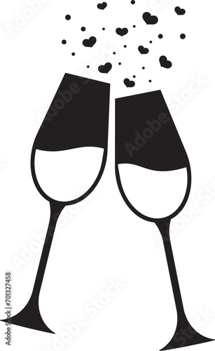 Champagne glass and hearts - black vector design