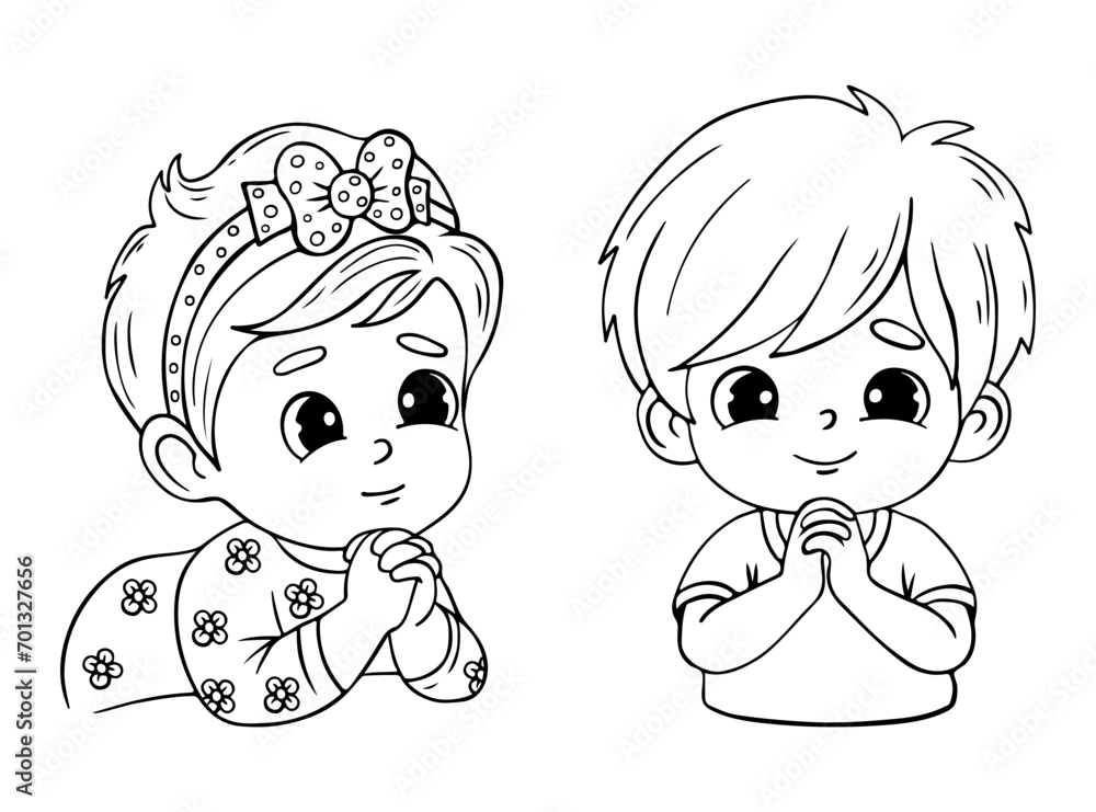 Portraits cute praying children girl and boy. Vector illustration. Isolated outline hand drawings. Religious believer little child character. Kids collection. Portraits cute praying children girl and boy. Vector illustration. Isolated outline hand drawings. Religious believer little child character. Kids collection.