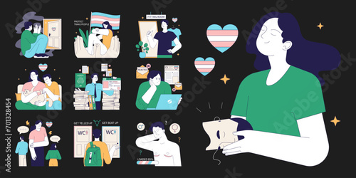 Gender transition pros and cons dark or night set. Gender-affirming therapy, positive and negative side. Transgender person mental health, legalization and discrimination. Flat vector illustration