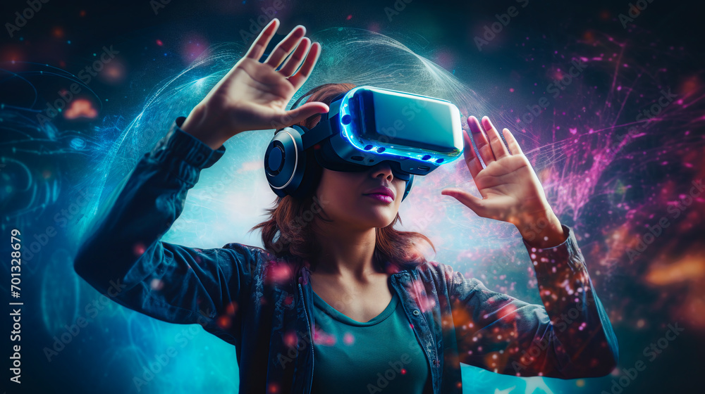 Young woman with virtual reality googles in a futuristic space, VR, science, technlogy Young woman with virtual reality googles in a futuristic space, VR, science, technlogy